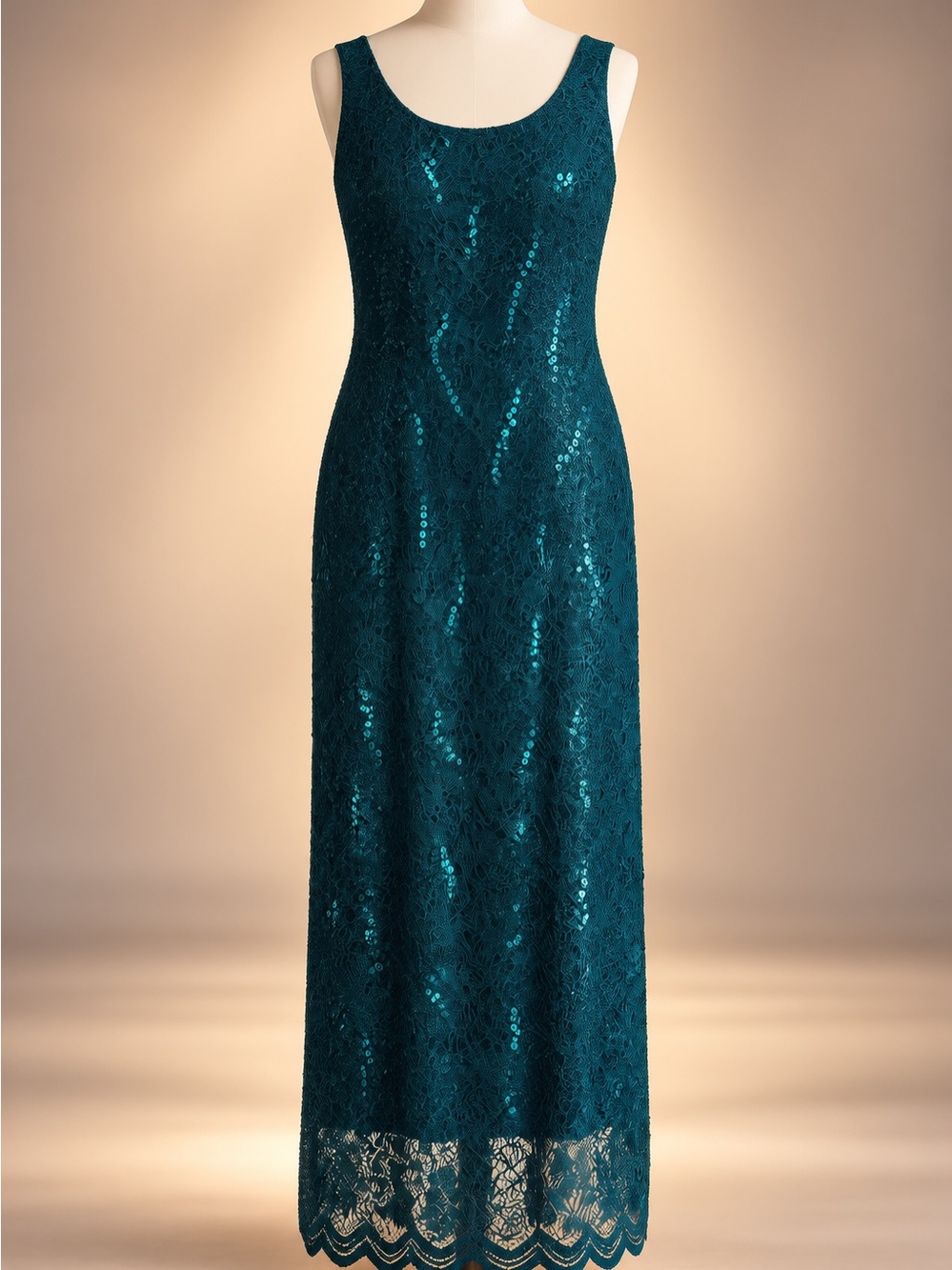 R&M Richards Teal Lace & Sequin Maxi Dress